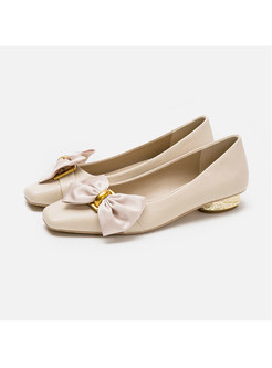 Square Toe Bowknot Low-fronted Chunky Heel Shoes
