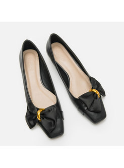 Square Toe Bowknot Low-fronted Chunky Heel Shoes
