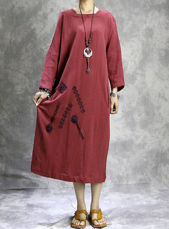 Plus Size Red Embroidered Linen Shift Dress