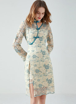 Mandarin Collar Openwork Lace Dress With Shorts