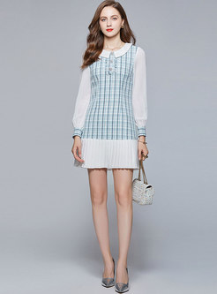 Tweed Patchwork Long Sleeve Pleated Mini Dress