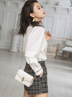 White Openwork Puffer Sleeve Loose Blouse