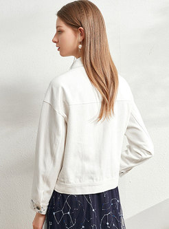 White Turn Down Collar Print Short Jacket