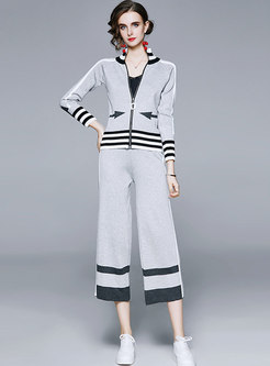 Color-blocked Striped Sweater Wide Leg Pant Suits