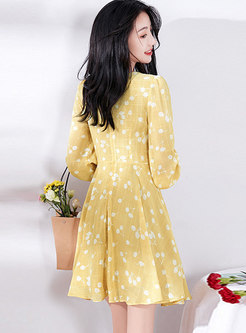 Yellow V-neck High Waisted Skater Mini Dress