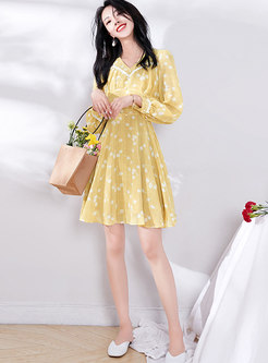 Yellow V-neck High Waisted Skater Mini Dress