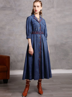 Notched Collar Embroidered Denim Long Dress