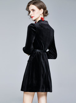 Lapel Double-breasted Velvet Coat Dress