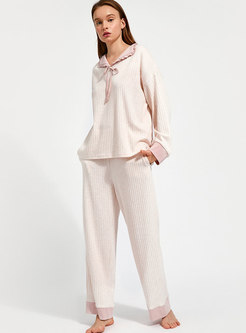 Color-blocked Lapel Sweet Loose Pajama Set