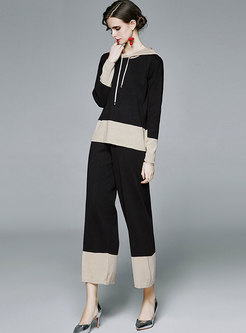 Hooded Patchwork Sweater Wide Leg Pant Suits