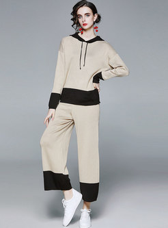 Hooded Patchwork Sweater Wide Leg Pant Suits