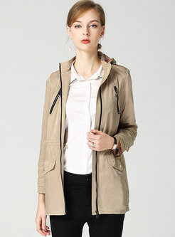 Front Zipper Hooded Straight Trench Coat