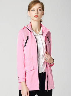 Front Zipper Hooded Straight Trench Coat