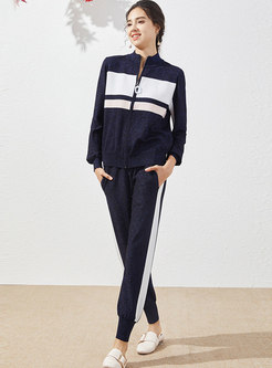 Mock Neck Color-blocked Casual Pant Suits