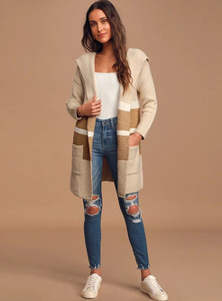 Hooded Color Block Sweater Coat With Pockets