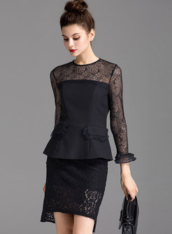 Black Lace Openwork Ruffle Mini Skirt Suits