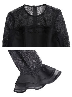 Black Lace Openwork Ruffle Mini Skirt Suits