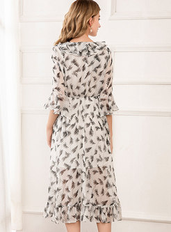 Print Ruffle Flare Sleeve High-low Dress