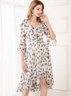 Print Ruffle Flare Sleeve High-low Dress