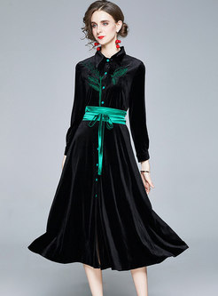 Turn Down Collar Embroidered Velvet Midi Dress