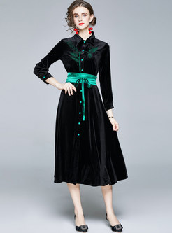 Turn Down Collar Embroidered Velvet Midi Dress