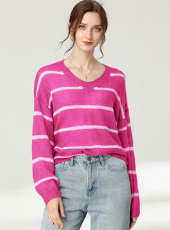 Plus Size V-neck Pullover Striped Sweater
