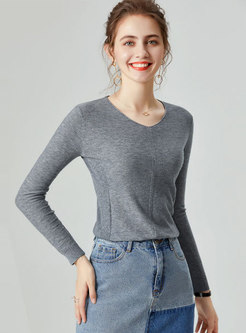 V-neck Pullover Solid Color Wool Sweater