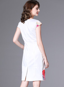 White Cap Sleeve Print Sheath Dress