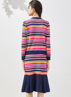 Striped V-neck Knitted Cardigan & Peplum Skirt