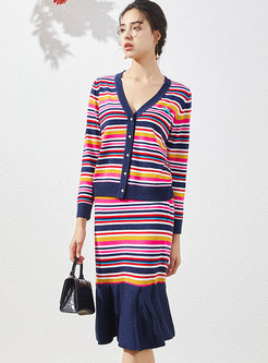 Striped V-neck Knitted Cardigan & Peplum Skirt