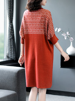 3/4 Sleeve Print Shift Sweater Dress