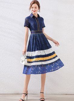 Short Sleeve Openwork Lace Pleated Dress