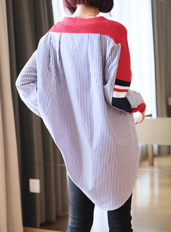 V-neck Color Block Patchwork Striped Cardigan