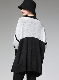 Color Block V-neck Plus Size Sweater Coat