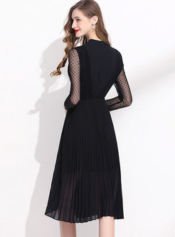 Black Mesh Long Sleeve Chiffon Pleated Dress