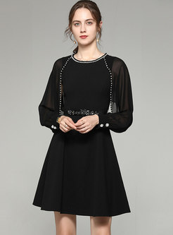 Beaded Black High Waisted Knee-length Dress