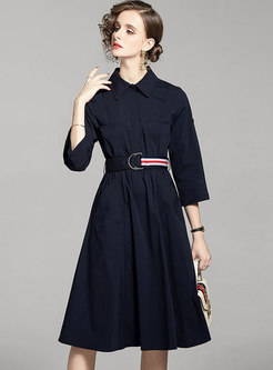 3/4 Sleeve Casual Belted A Line Midi Dress