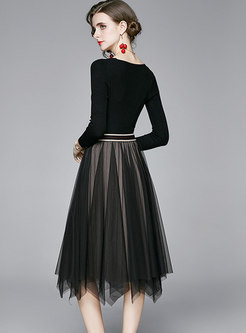 V-neck Slim Knit Top & Mesh A Line Skirt