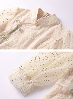 Mandarin Collar Puff Sleeve Mesh Embroidered Dress