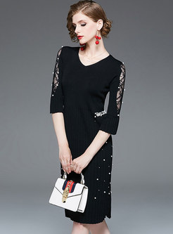Black Lace Patchwork Beaded Sweater Dress