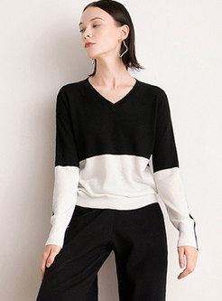 V-neck Pullover Color Block Sweater