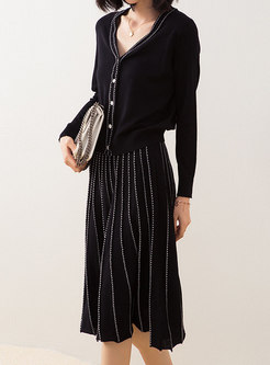 V-neck Long Sleeve Cardigan & A Line Knitted Skirt