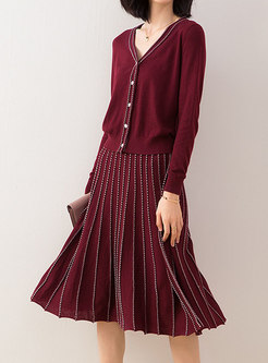 V-neck Long Sleeve Cardigan & A Line Knitted Skirt