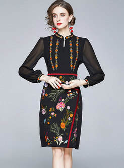 Mandarin Collar Embroidered Bodycon Dress