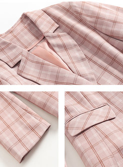 Pink Plaid Notched Mini Skirt Suits