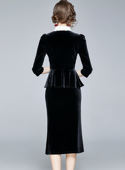 V-neck Velvet Patchwork Peplum Skirt Suits