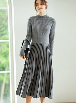 Mock Neck Pullover Stripe A Line Knitted Dress