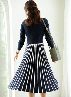 Mock Neck Pullover Stripe A Line Knitted Dress