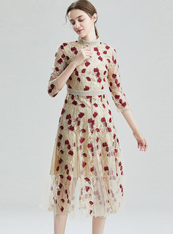 3/4 Sleeve Embroidered Openwork Mesh Midi Dress