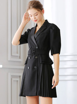 Black Notched Puff Sleeve Pleated Mini Dress